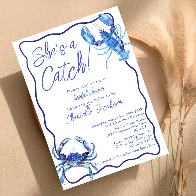 Whimsical Sie ist ein Catch Blue Coastal Brautpart Einladung (Von Creator hochgeladen)