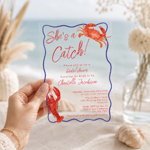 Whimsical Sie ist ein Catch Red Coastal Brautparty Acryleinladungen