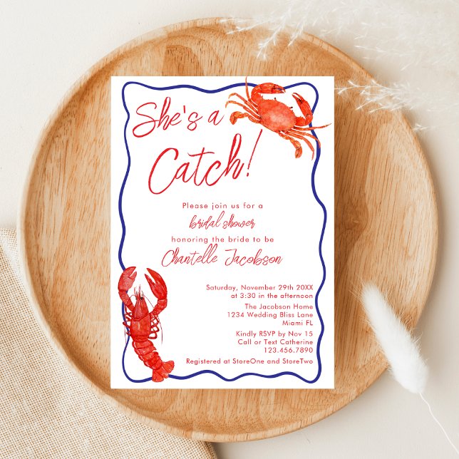 Whimsical Sie ist ein Catch Red Coastal Brautparty Einladung (Von Creator hochgeladen)