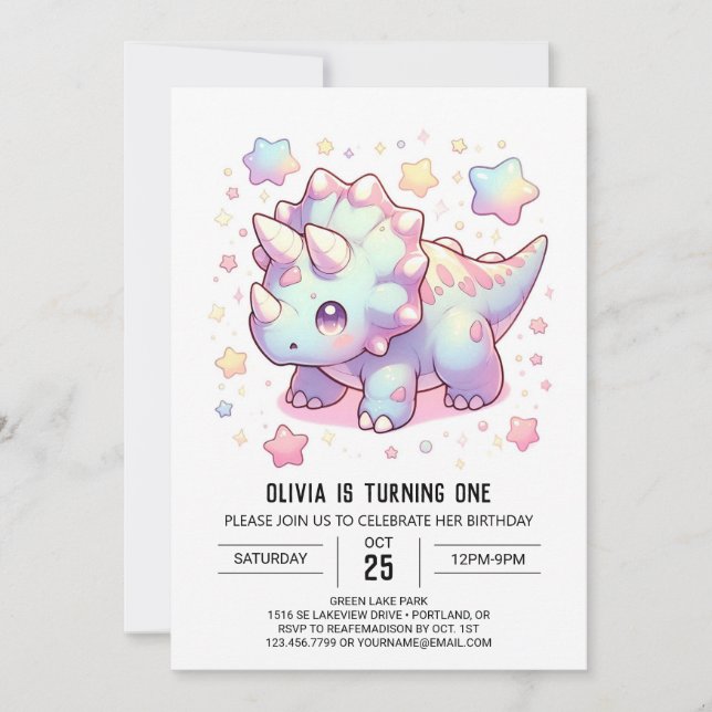 Whimsical Simple Dinosaur 1. Geburtstag Einladung (Vorderseite)