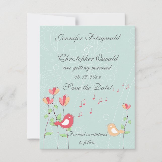 Whimsical Singing Birds mit Blume Save the Date Einladung (Vorderseite)