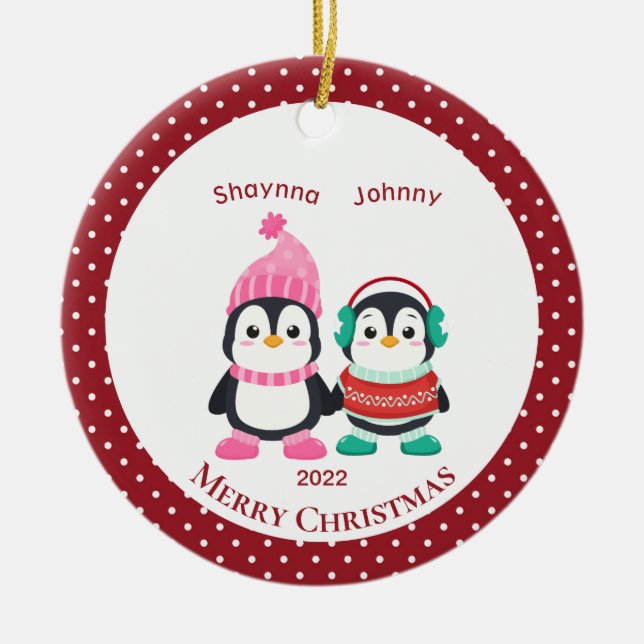 Whimsical Sister & Brother Pinguine Personalisiert Keramik Ornament (Vorne)