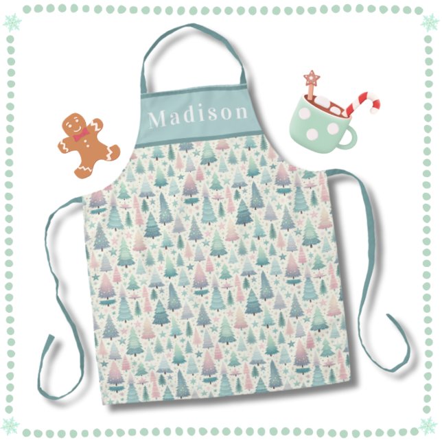 Whimsical Skandi Weihnachtsbaumen und Sterne Schürze (Whimsical Scandi Christmas Trees & Stars in Soft Mint Green and Pink. Perfect Christmas Baking Gift!)