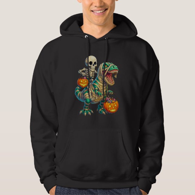 Whimsical Skeleton Riding Mummy T-Rex Halloween Hoodie (Vorderseite)
