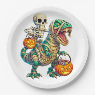 Whimsical Skeleton Riding Mummy T-Rex Halloween Pappteller