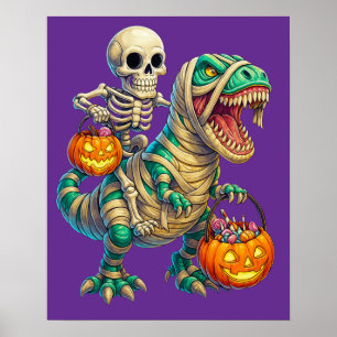 Whimsical Skeleton Riding Mummy T-Rex Halloween Poster