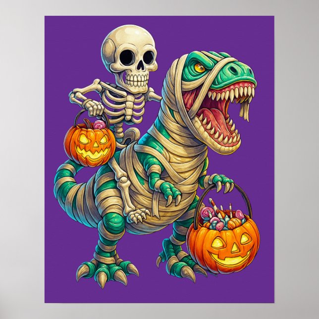Whimsical Skeleton Riding Mummy T-Rex Halloween Poster (Vorne)