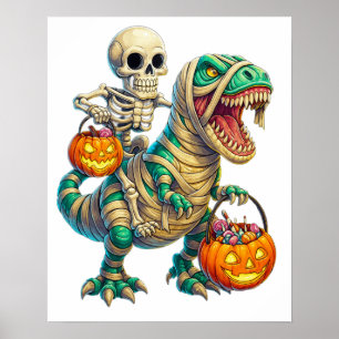 Whimsical Skeleton Riding Mummy T-Rex Halloween Poster