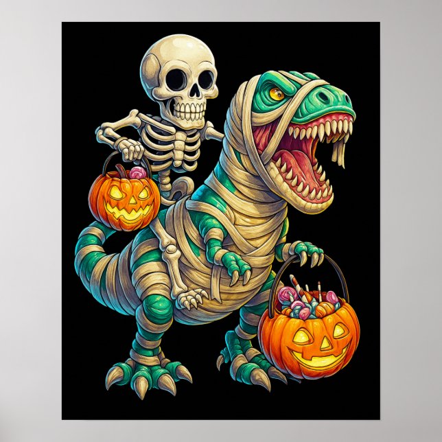 Whimsical Skeleton Riding Mummy T-Rex Halloween Poster (Vorne)