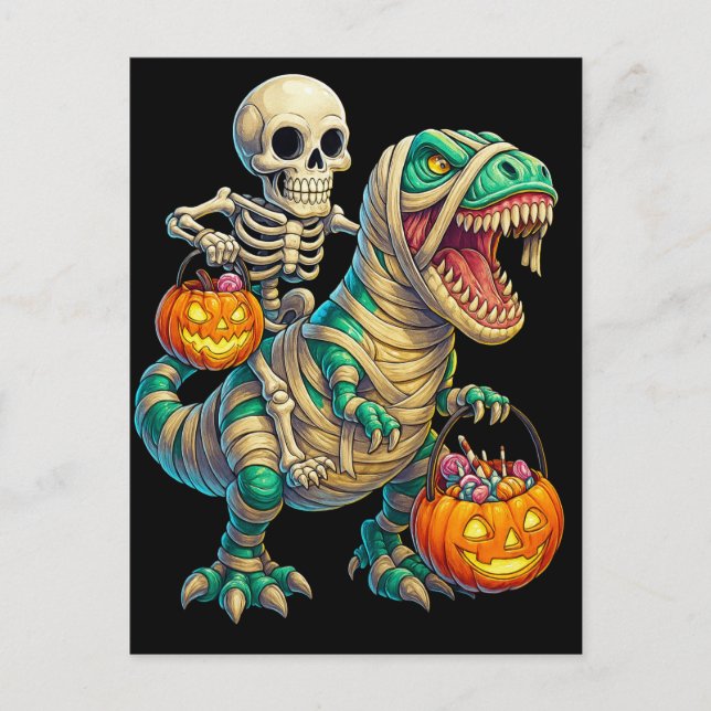 Whimsical Skeleton Riding Mummy T-Rex Halloween Postkarte (Vorderseite)