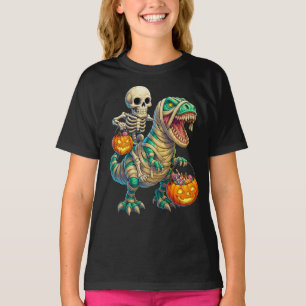 Whimsical Skeleton Riding Mummy T-Rex Halloween T-Shirt