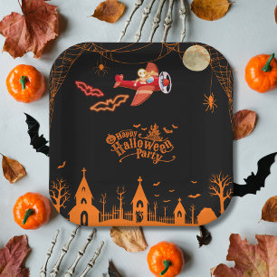 Whimsical Skelett Flying Airplane Halloween-Party Pappteller