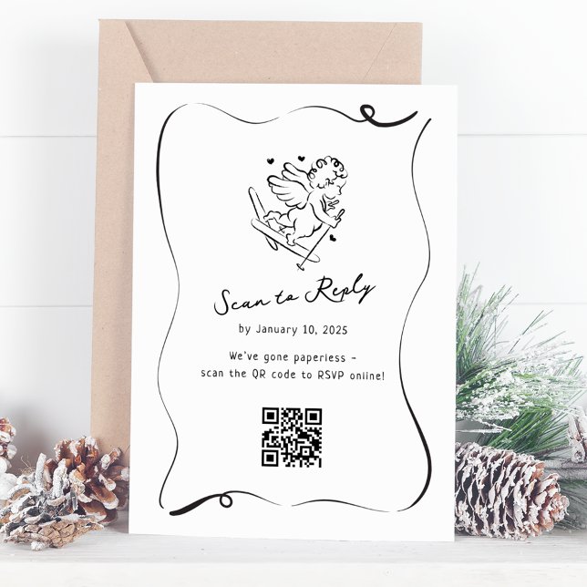 Whimsical Ski Cupid QR Code Hochzeit RSVP Karte (Von Creator hochgeladen)