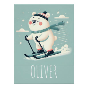 Whimsical Ski Niedlicher Polar Bär Personalisiert Poster