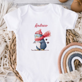 Whimsical Ski Penguin Baby Bodysuit Baby Strampler