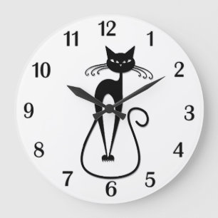 Whimsical Skinny Black Cat Black Numbers Große Wanduhr