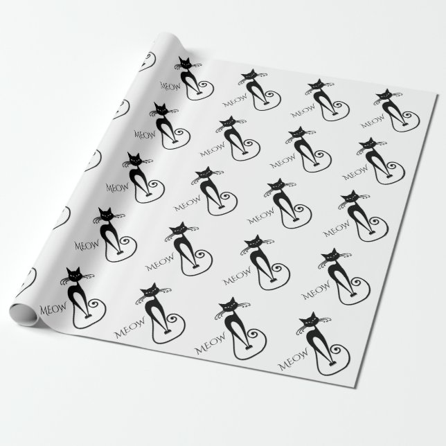 Whimsical Skinny Black Cat MEOW Geschenkpapier (Ungerollt)