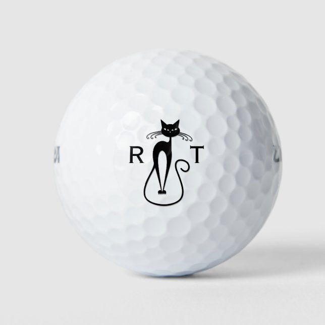 Whimsical Skinny Black Cat Mit Monogramm Golfball (Vorderseite)