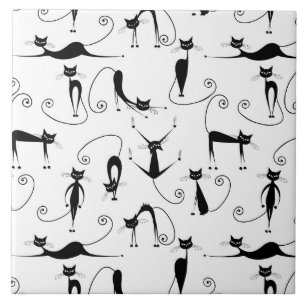Whimsical Skinny Black Cat Muster Fliese