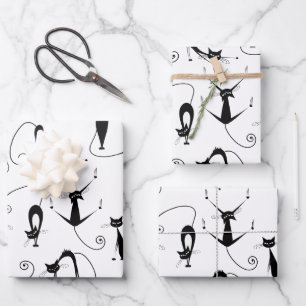 Whimsical Skinny Black Cat Muster Geschenkpapier Set