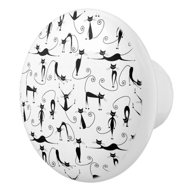 Whimsical Skinny Black Cat Muster Keramikknauf (Rechts)