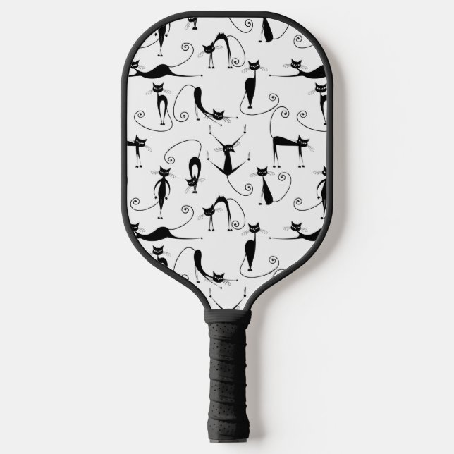 Whimsical Skinny Black Cat Muster Pickleball Schläger (Vorderseite)