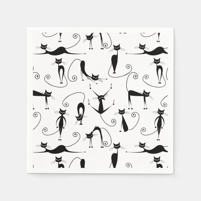 Whimsical Skinny Black Cat Muster Serviette (Vorderseite)