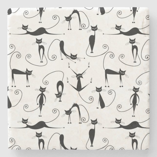 Whimsical Skinny Black Cat Muster Steinuntersetzer (Vorderseite)