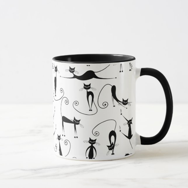Whimsical Skinny Black Cat Muster Tasse (Rechts)