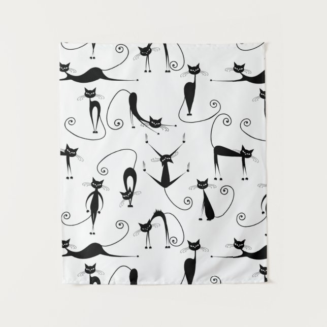 Whimsical Skinny Black Cat Muster Wandteppich (Vorderseite)