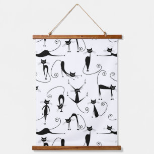 Whimsical Skinny Black Cat Muster Wandteppich Mit Holzrahmen