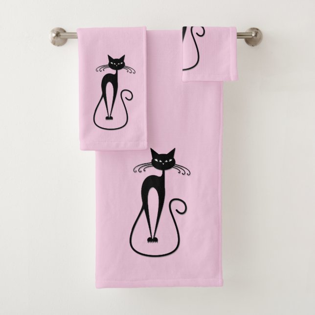 Whimsical Skinny Black Cat Pink Badhandtuch Set (Insitu)