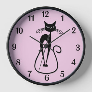 Whimsical Skinny Black Cat Pink Black Numbers Uhr