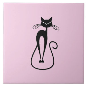 Whimsical Skinny Black Cat Pink Fliese