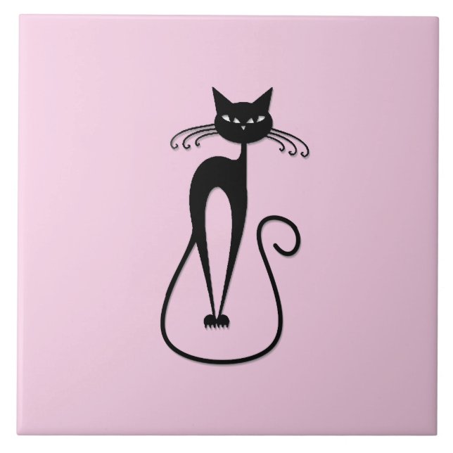 Whimsical Skinny Black Cat Pink Fliese (Vorderseite)