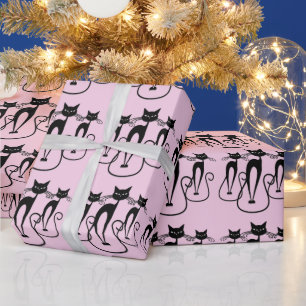 Whimsical Skinny Black Cat Pink Geschenkpapier