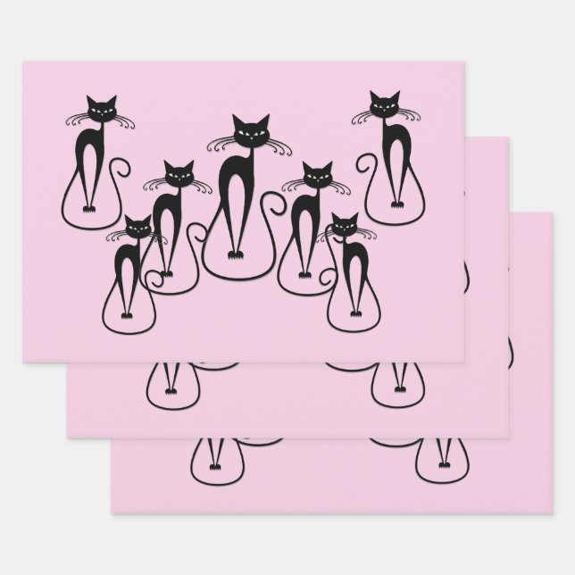 Whimsical Skinny Black Cat Pink Geschenkpapier Set (Set)