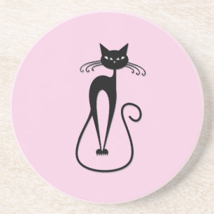 Whimsical Skinny Black Cat Pink Getränkeuntersetzer