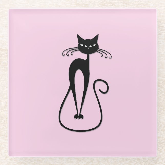 Whimsical Skinny Black Cat Pink Glasuntersetzer (Vorderseite)