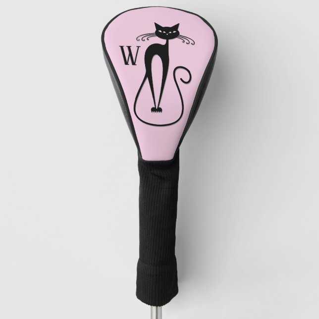 Whimsical Skinny Black Cat Pink Initial Golf Headcover (Vorderseite)