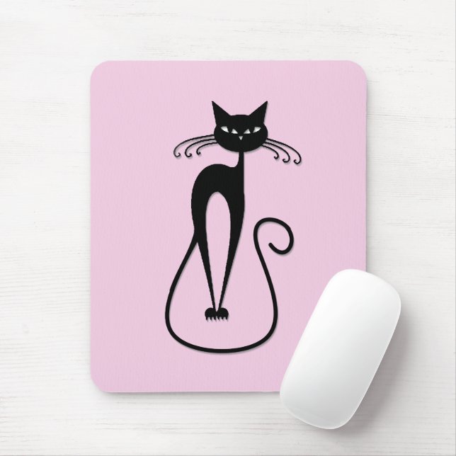 Whimsical Skinny Black Cat Pink Mousepad (Mit Mouse)