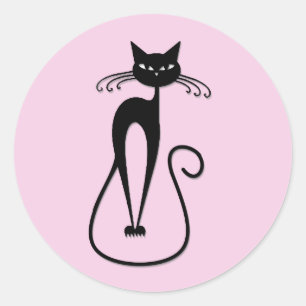 Whimsical Skinny Black Cat Pink Runder Aufkleber