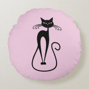 Whimsical Skinny Black Cat Pink Rundes Kissen