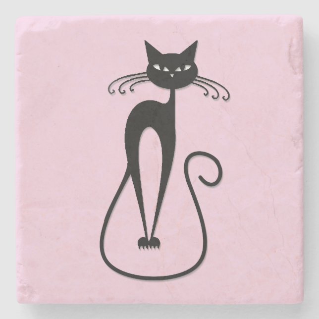 Whimsical Skinny Black Cat Pink Steinuntersetzer (Vorderseite)