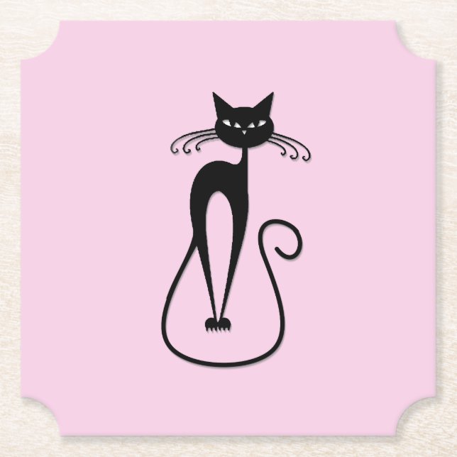Whimsical Skinny Black Cat Pink Untersetzer (Vorderseite)