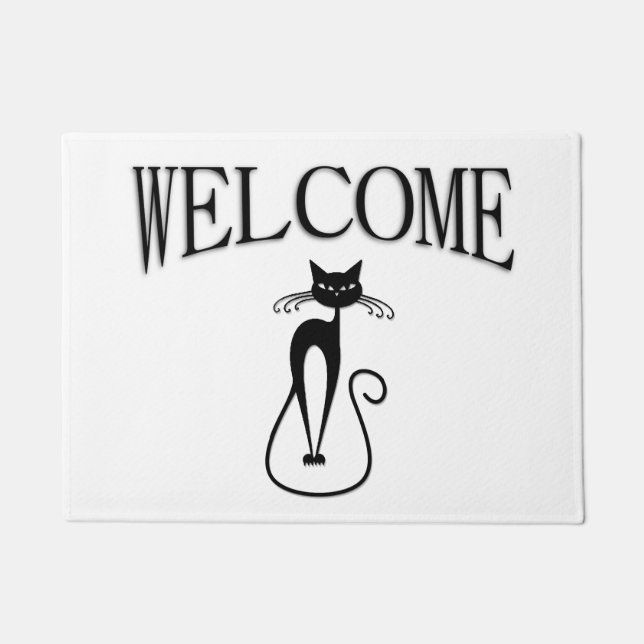 Whimsical Skinny Black Cat Willkommen Fußmatte (Vorderseite)