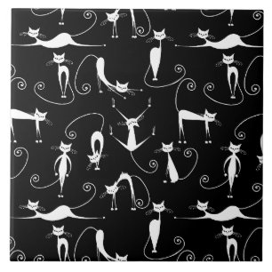 Whimsical Skinny white Cat Pattern Fliese