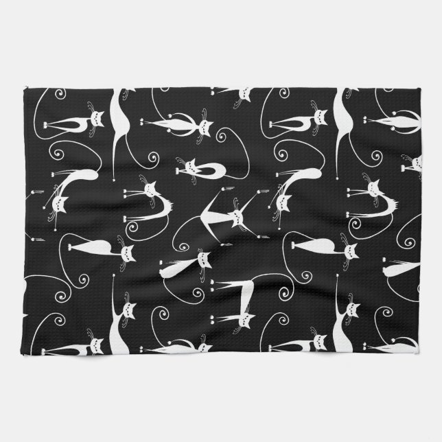 Whimsical Skinny white Cat Pattern Geschirrtuch (Horizontal)