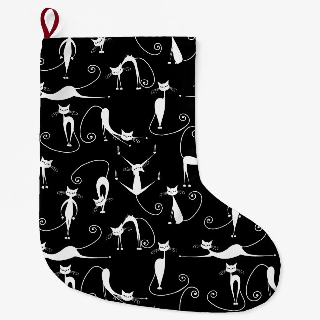 Whimsical Skinny white Cat Pattern Großer Weihnachtsstrumpf (Vorderseite)