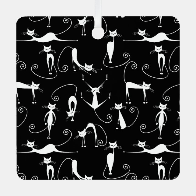 Whimsical Skinny white Cat Pattern Ornament Aus Metall (Vorderseite)